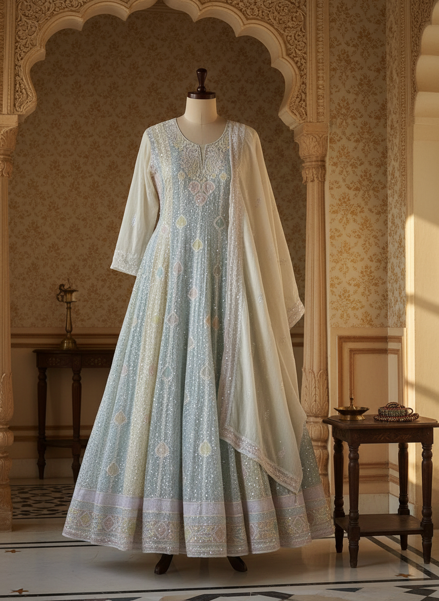 Pure Mul Chanderi Chikankari Handwork Anarkali with Dupatta