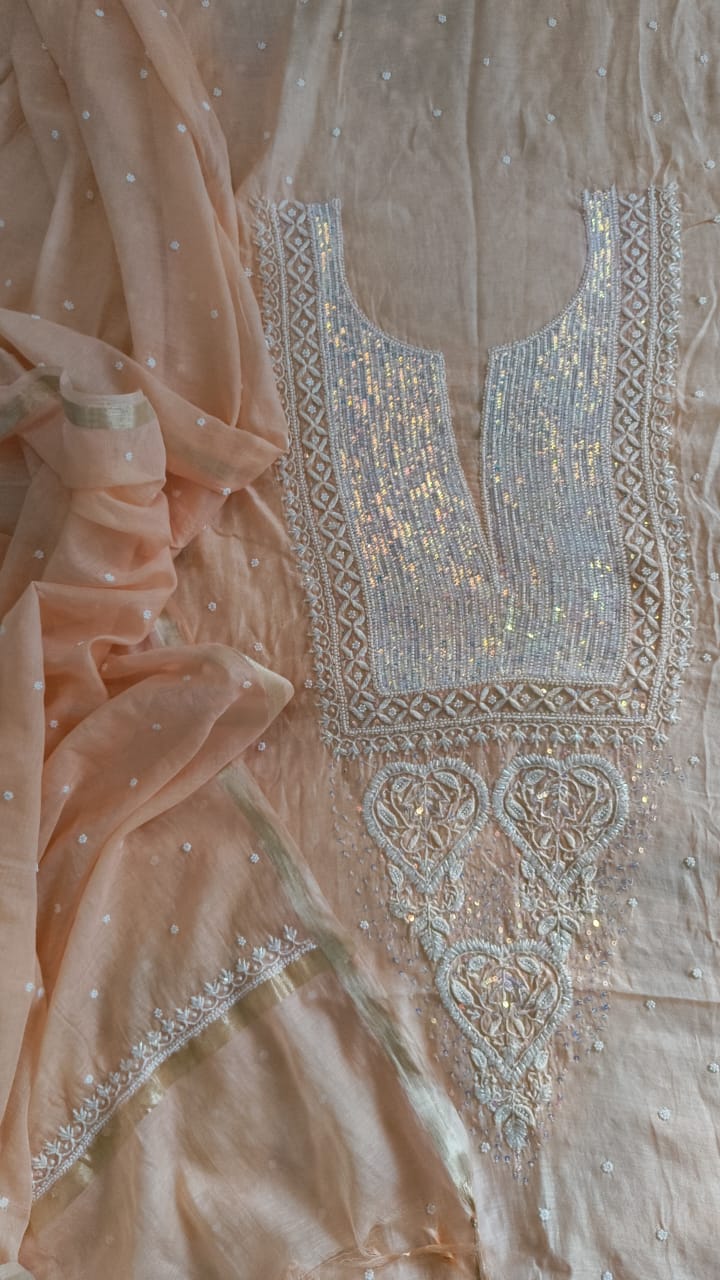 Pure Mul Chanderi Chikankari Handwork with Pearl and Kutdana embellishments Kurta and Dupatta Set (Dyeable)