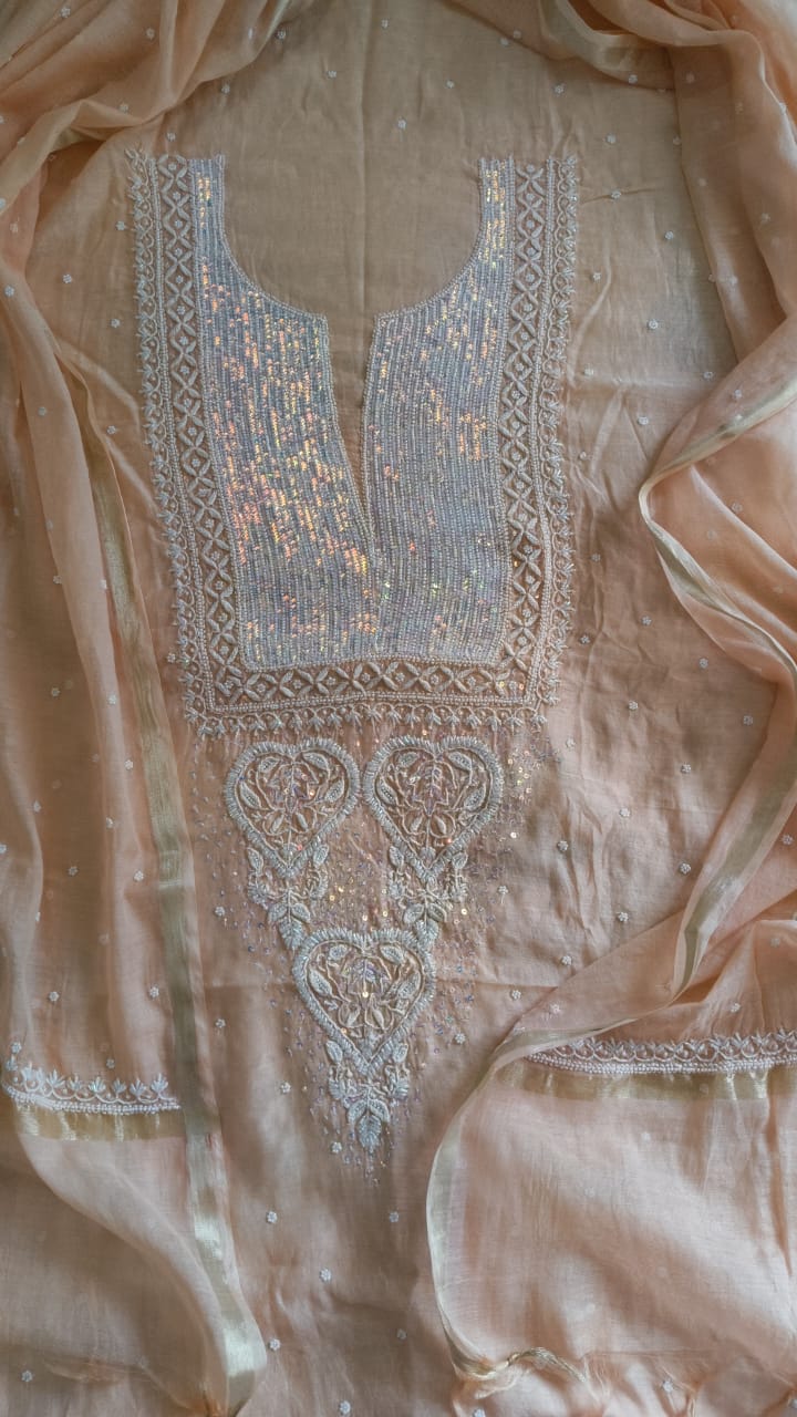 Pure Mul Chanderi Chikankari Handwork with Pearl and Kutdana embellishments Kurta and Dupatta Set (Dyeable)