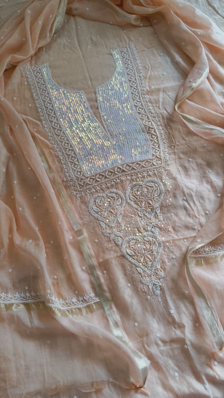 Pure Mul Chanderi Chikankari Handwork with Pearl and Kutdana embellishments Kurta and Dupatta Set (Dyeable)