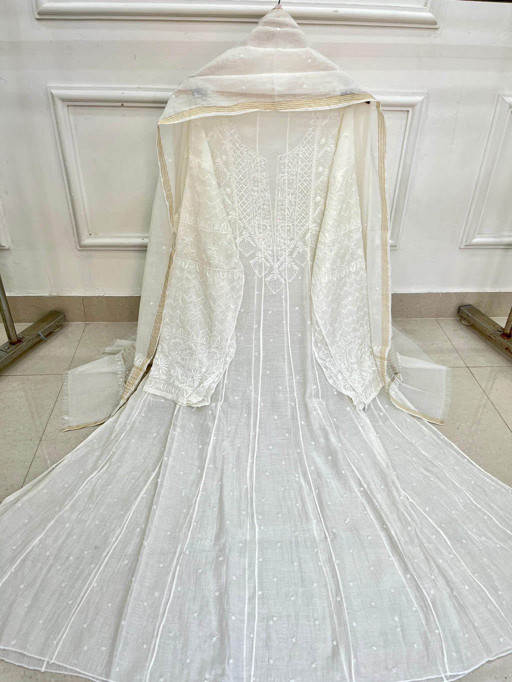 Pure Mul Chanderi Chikankari Handwork Anarkali Set with Embellishments (Dyeable in any Colour)