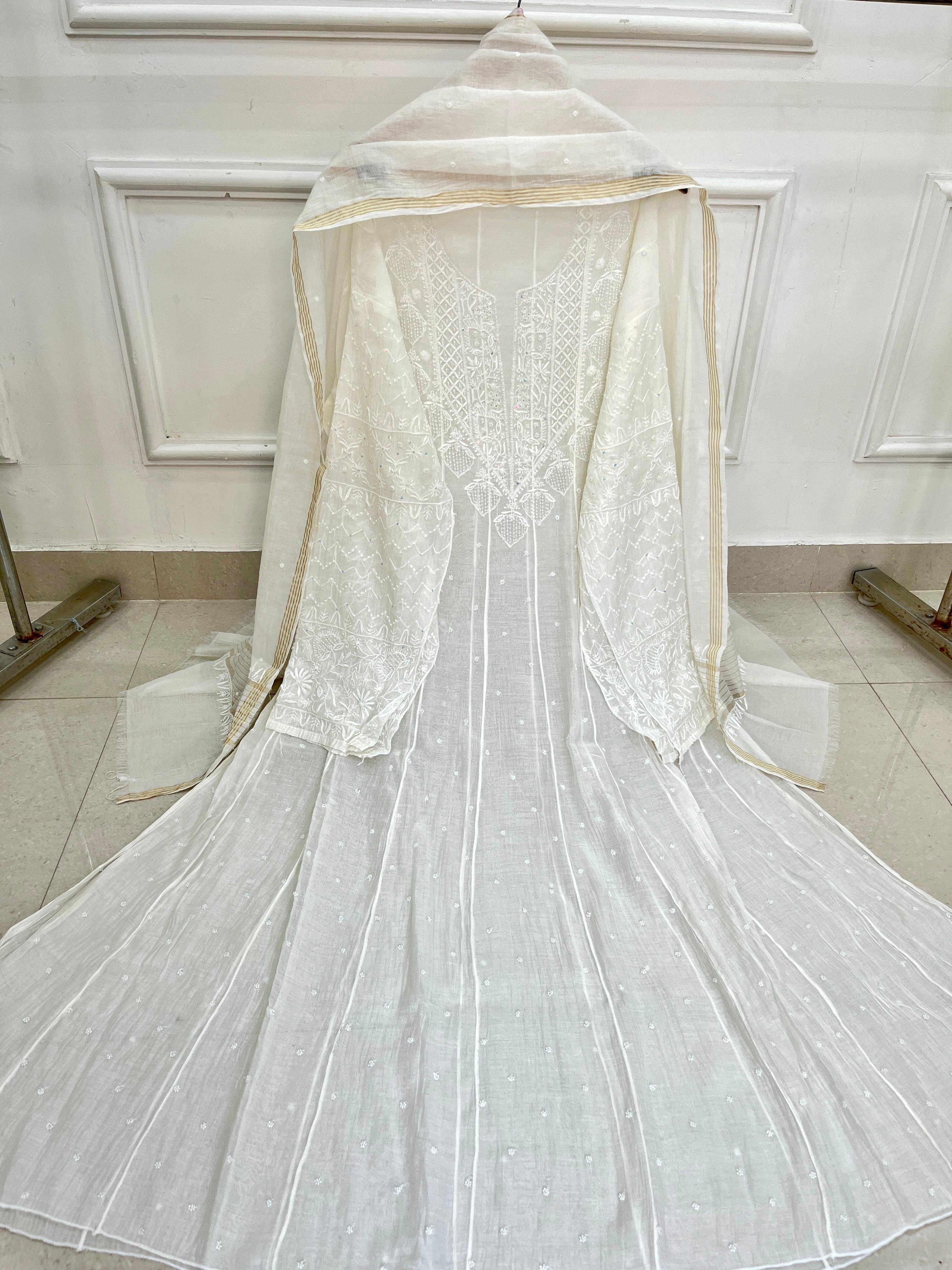 Pure Mul Chanderi Chikankari Handwork Anarkali Set with Embellishments (Dyeable in any Colour)