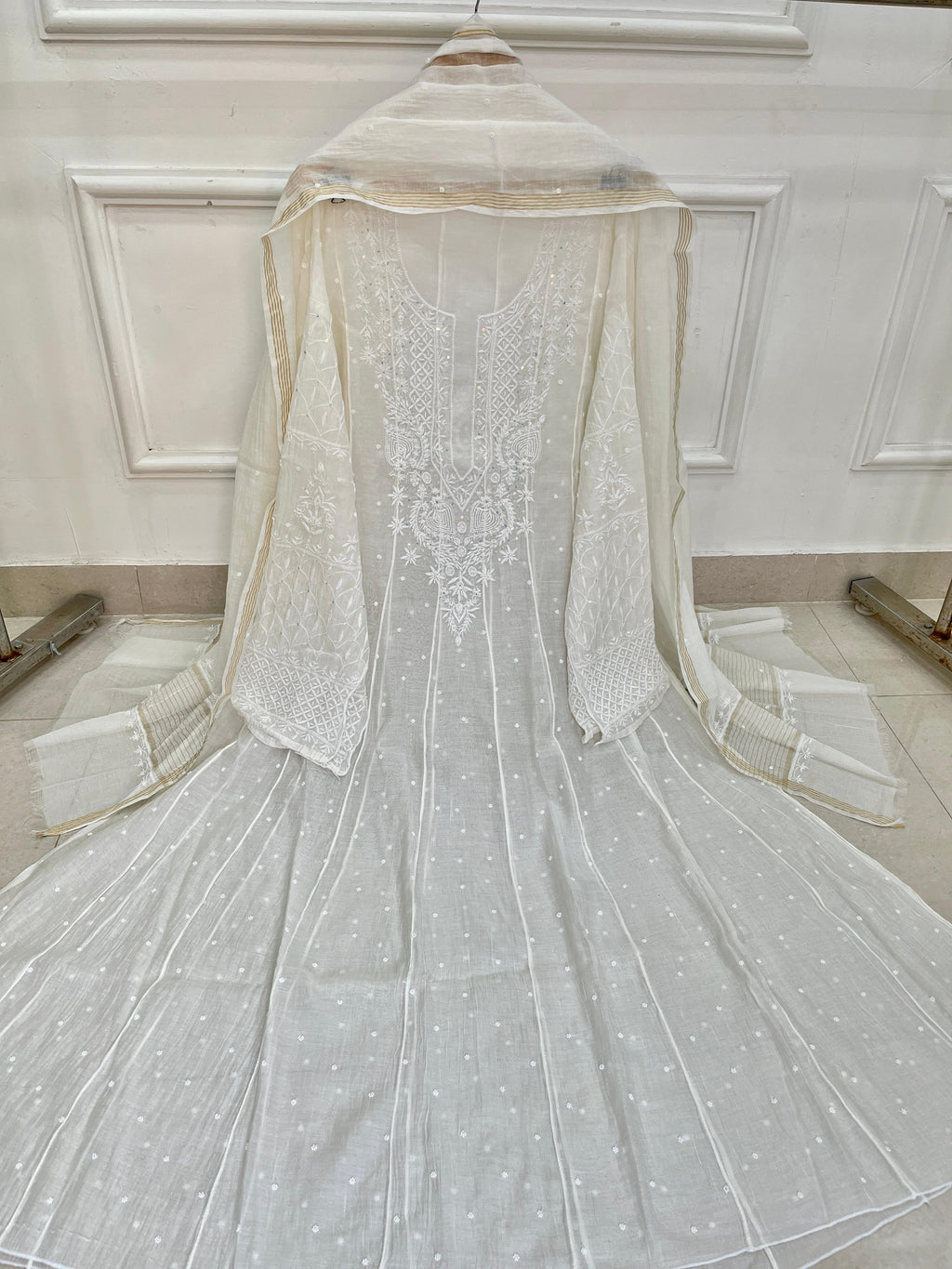 Pure Mul Chanderi Chikankari Handwork Anarkali Set with Embellishments (Dyeable in any Colour)