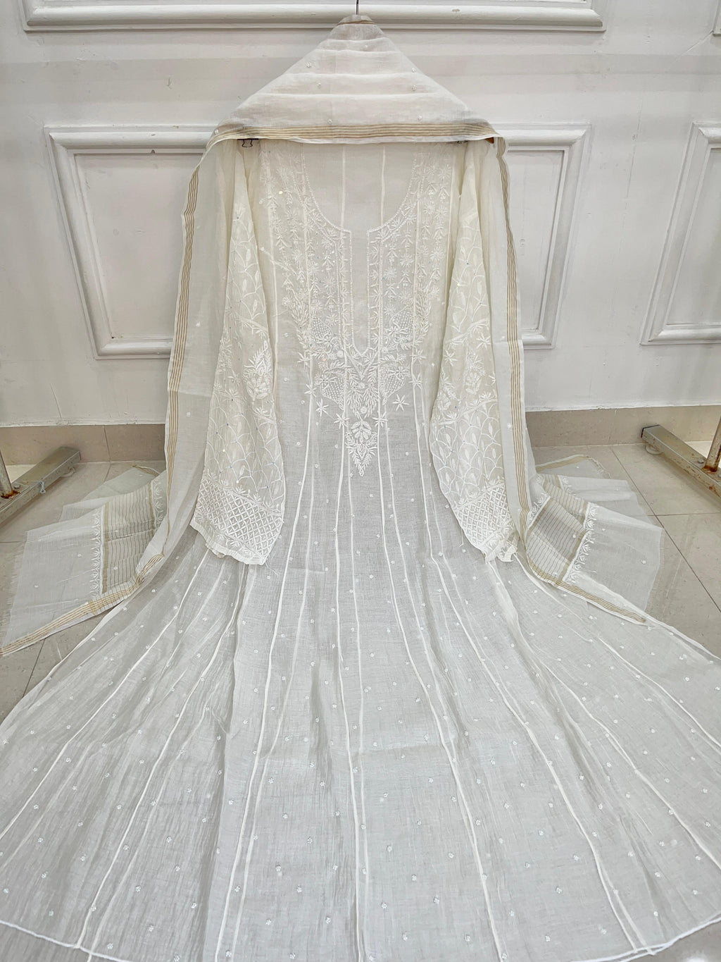 Pure Mul Chanderi Chikankari Handwork Anarkali Set with Embellishments (Dyeable in any Colour)