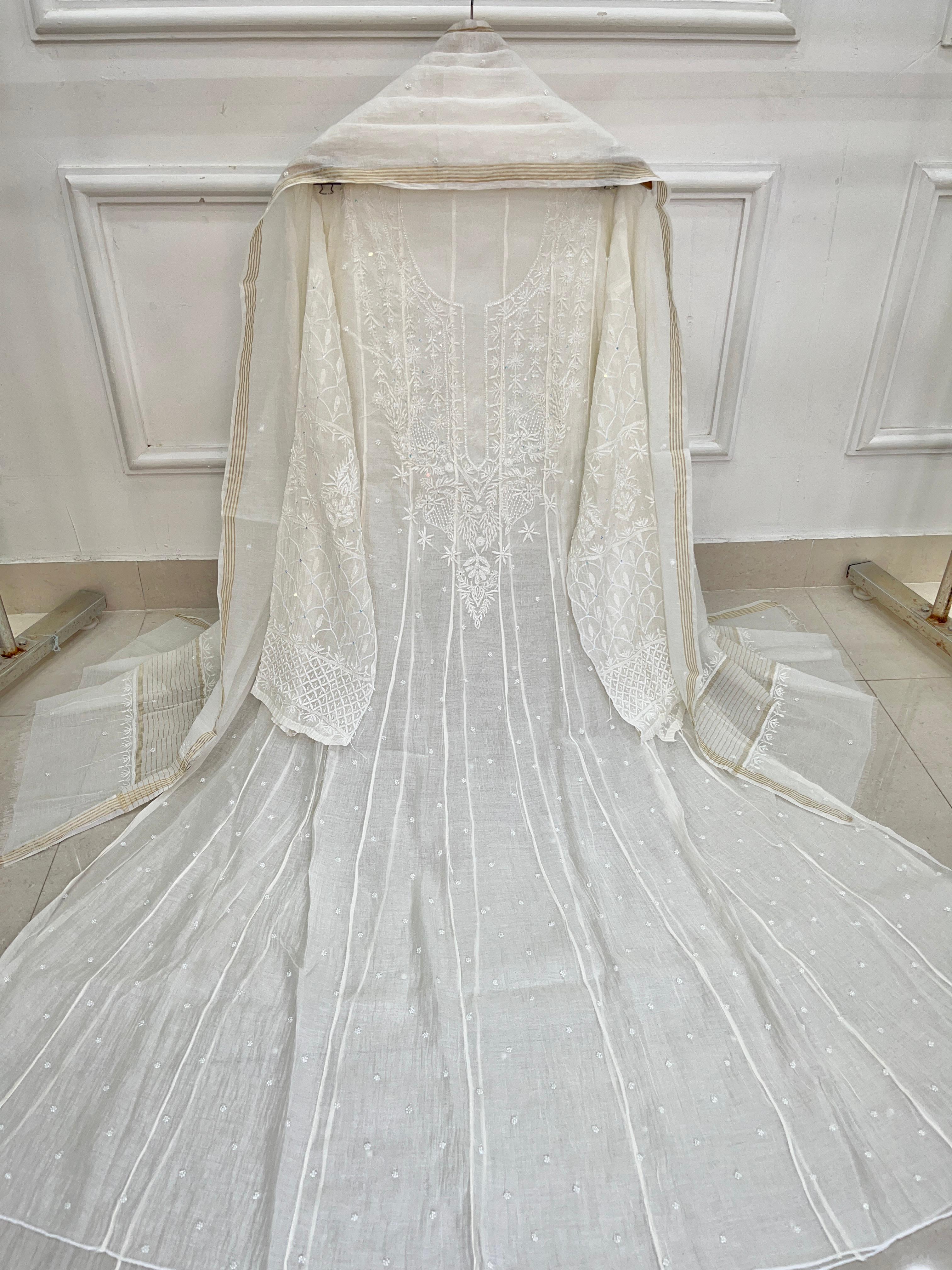 Pure Mul Chanderi Chikankari Handwork Anarkali Set with Embellishments (Dyeable in any Colour)