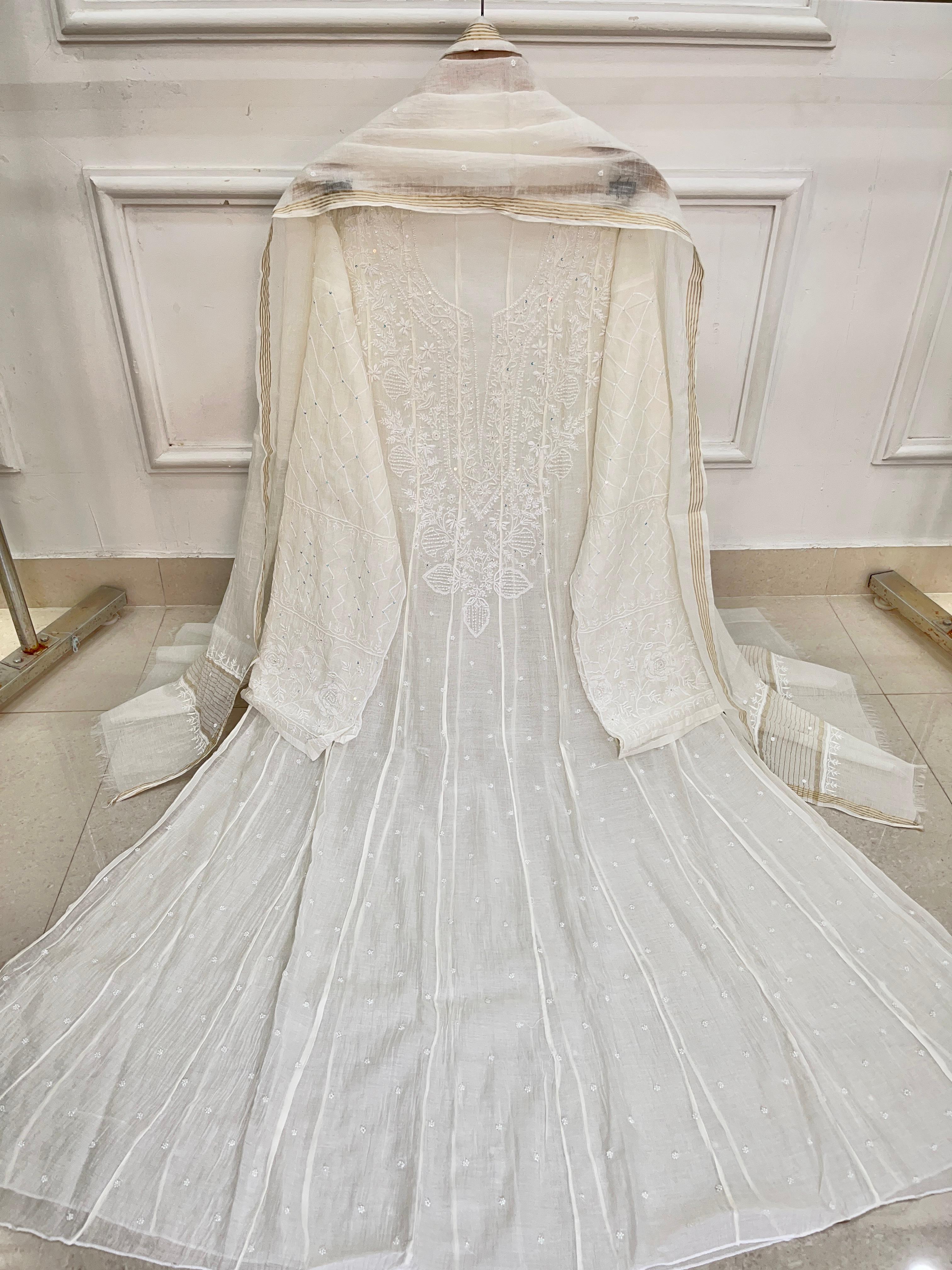 Pure Mul Chanderi Chikankari Handwork Anarkali Set with Embellishments (Dyeable in any Colour)