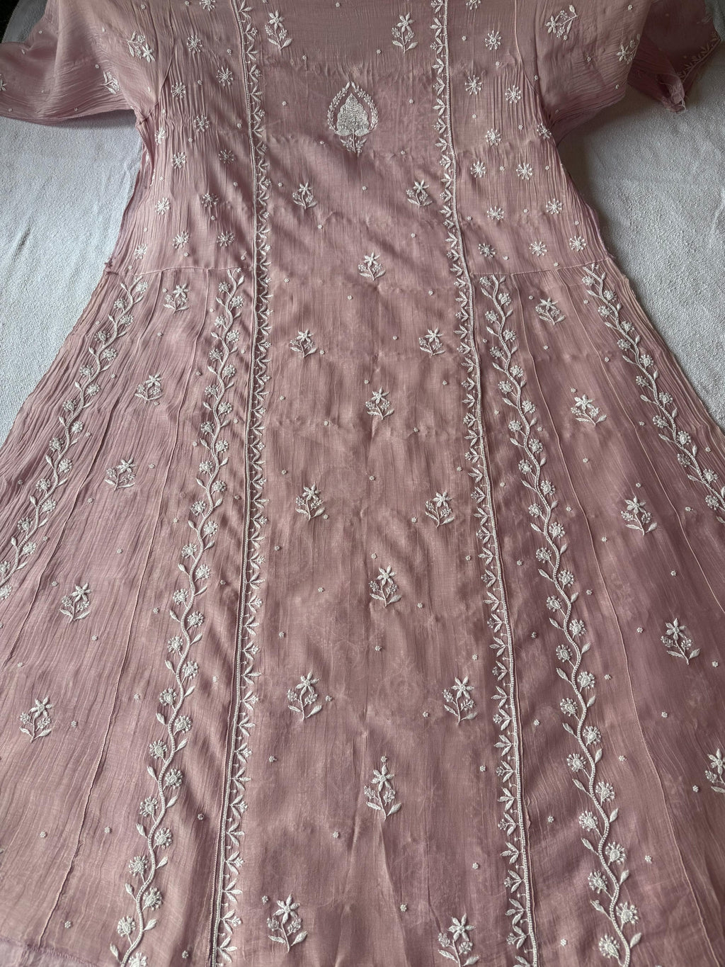 Pure Mul Chanderi Chikankari Handwork Anarkali Set with Embellishments (Dyeable in any Colour)