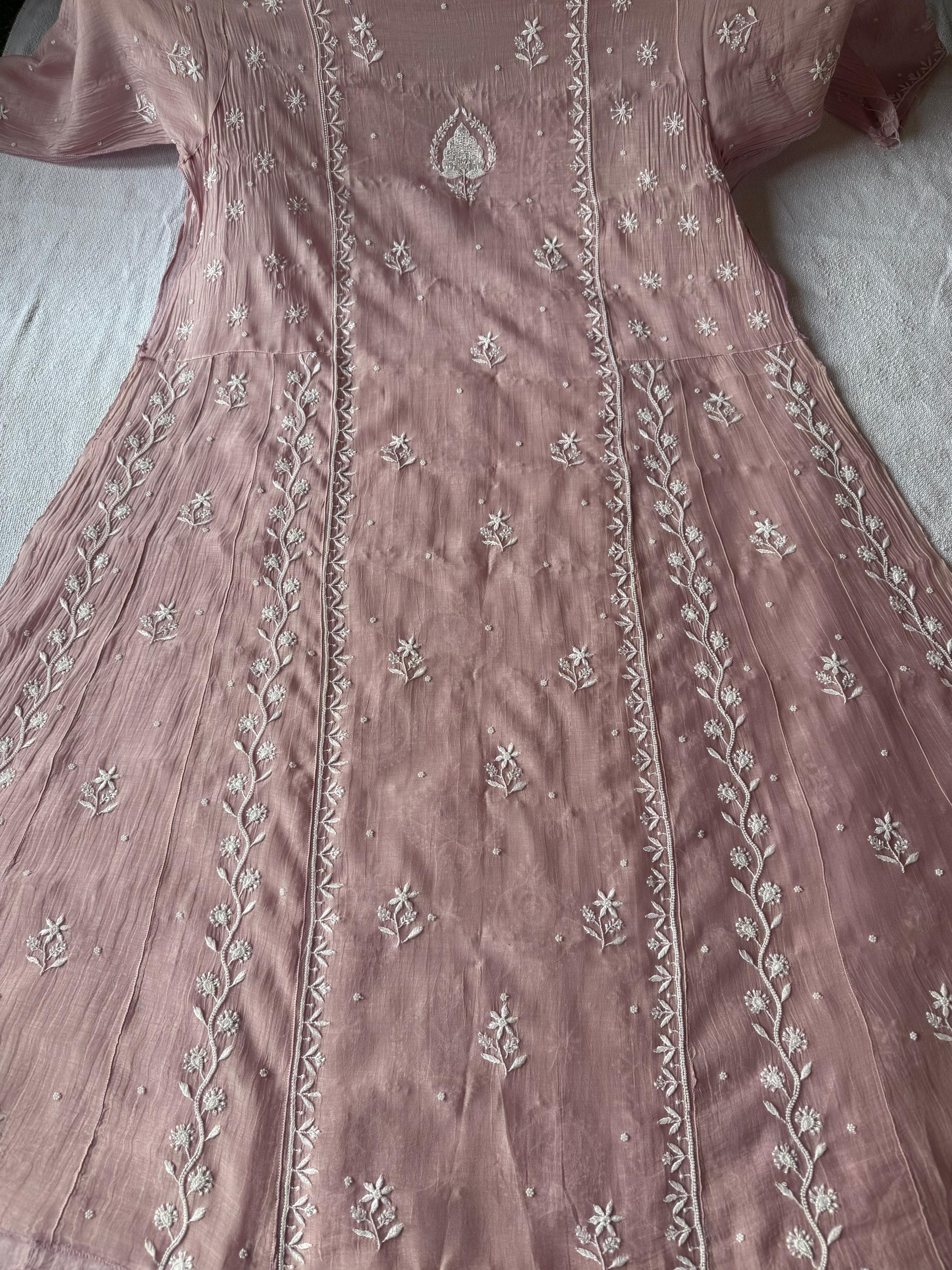 Pure Mul Chanderi Chikankari Handwork Anarkali Set with Embellishments (Dyeable in any Colour)