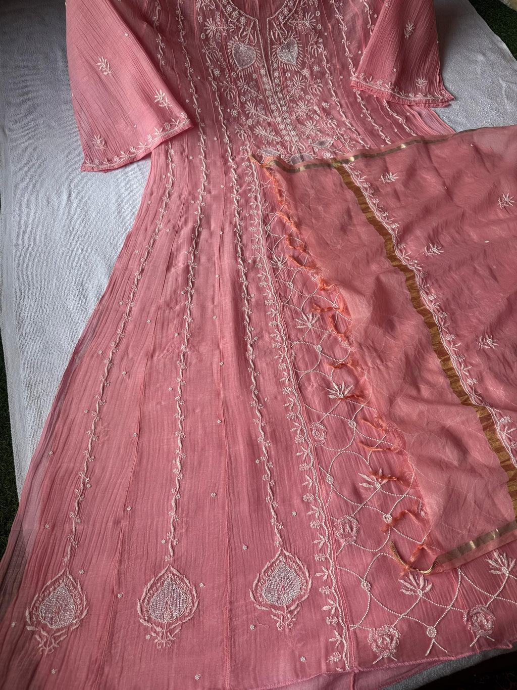 Pure Mul Chanderi Chikankari Handwork Anarkali Set with Embellishments (Dyeable in any Colour)