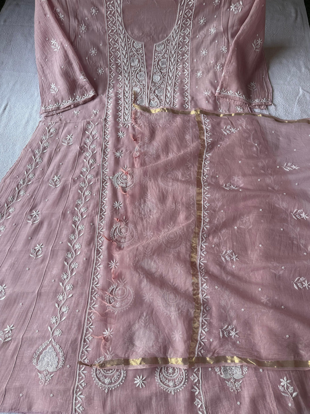 Pure Mul Chanderi Chikankari Handwork Anarkali Set with Embellishments (Dyeable in any Colour)