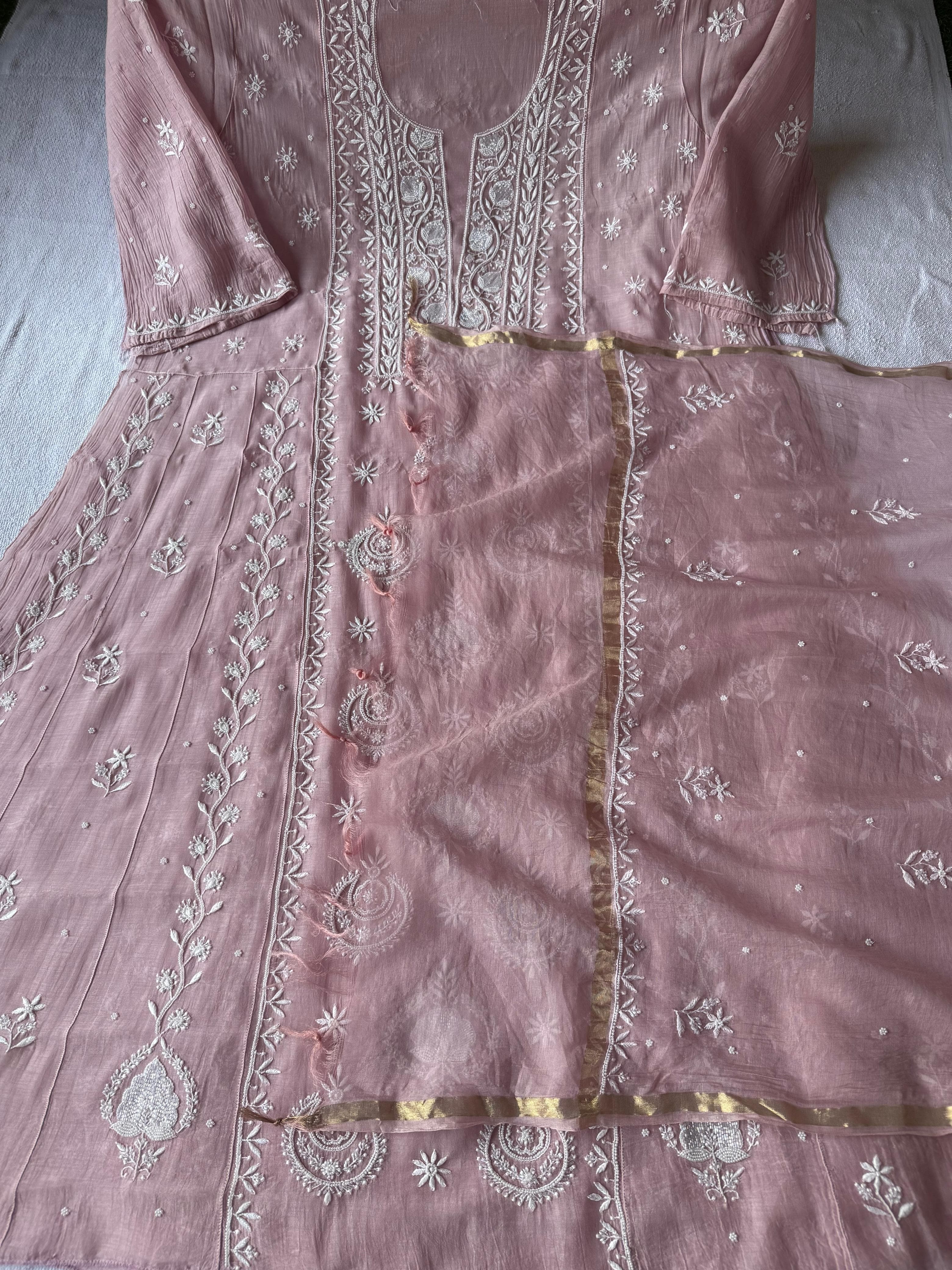 Pure Mul Chanderi Chikankari Handwork Anarkali Set with Embellishments (Dyeable in any Colour)