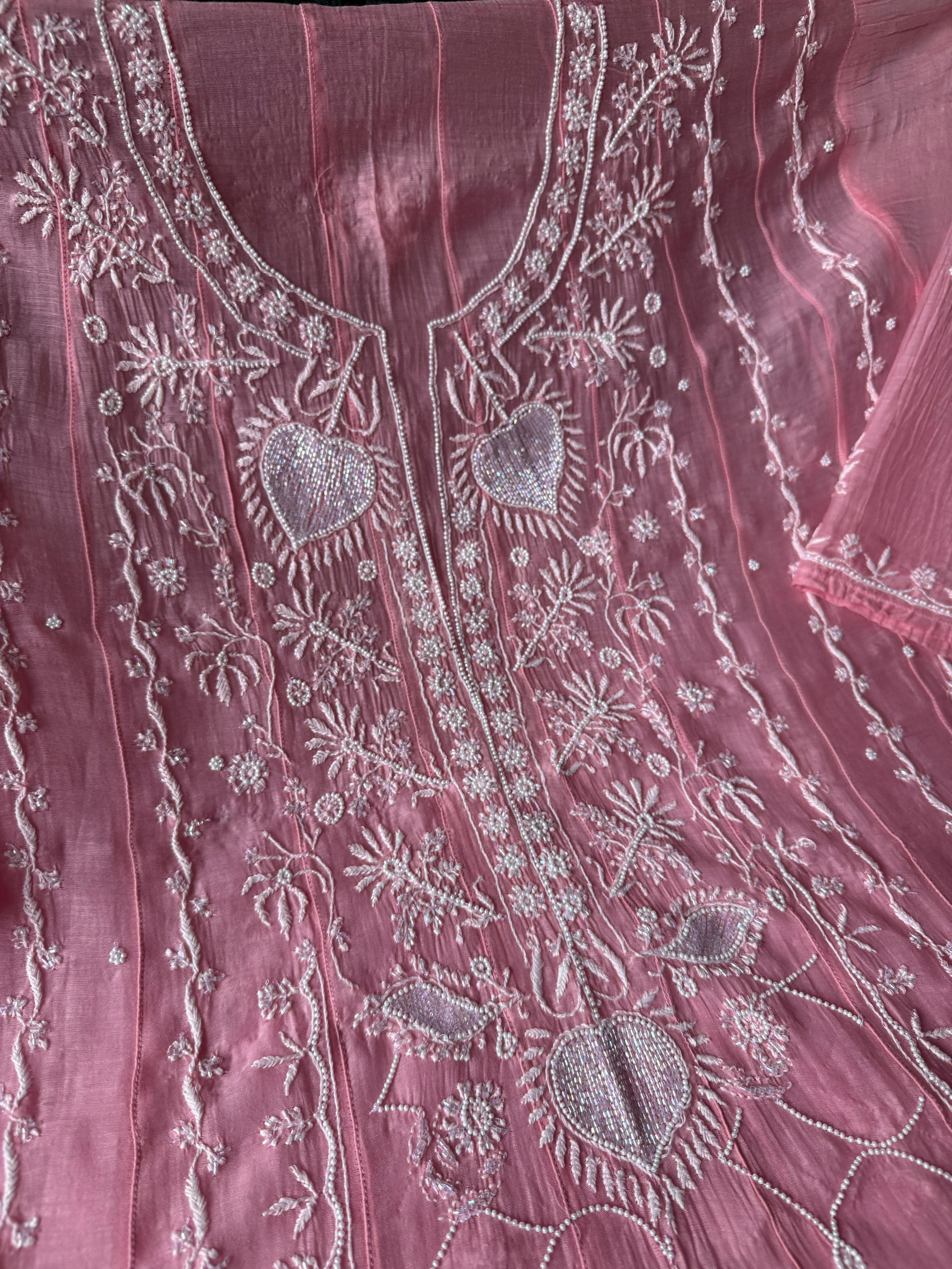 Pure Mul Chanderi Chikankari Handwork Anarkali Set with Embellishments (Dyeable in any Colour)