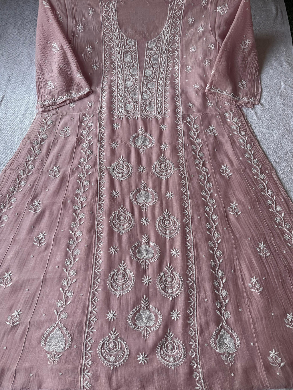 Pure Mul Chanderi Chikankari Handwork Anarkali Set with Embellishments (Dyeable in any Colour)