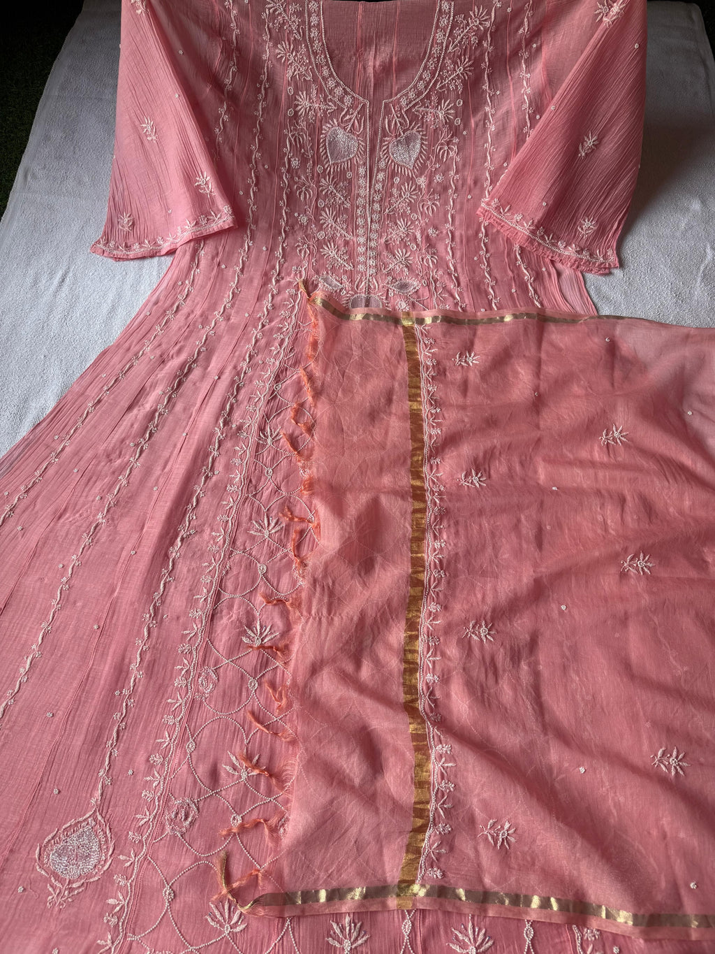 Pure Mul Chanderi Chikankari Handwork Anarkali Set with Embellishments (Dyeable in any Colour)