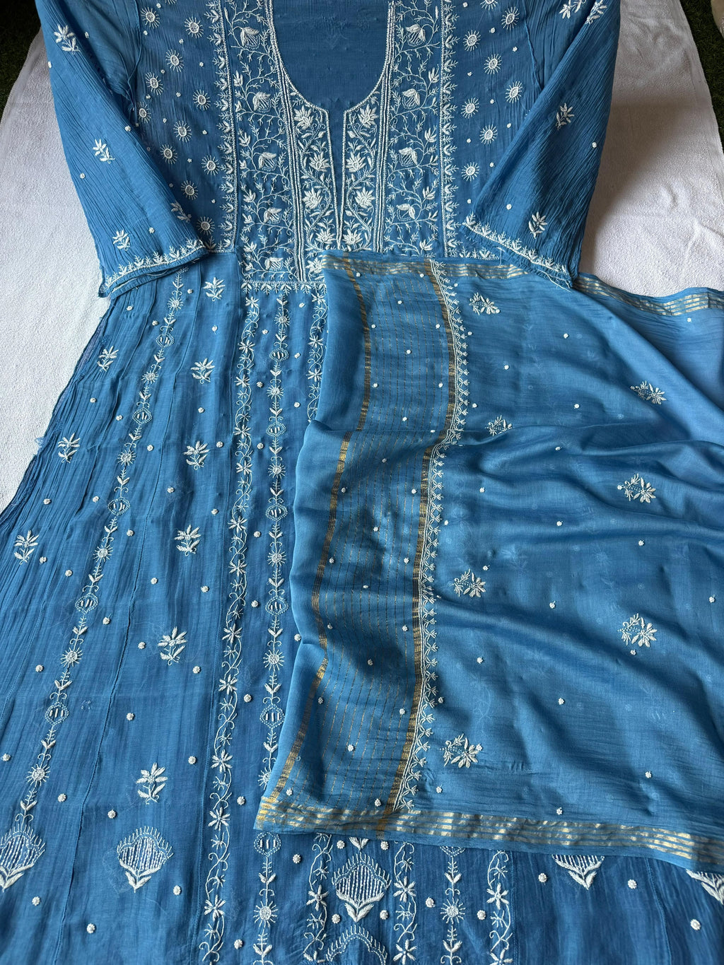 Pure Mul Chanderi Chikankari Handwork Anarkali Set with Embellishments (Dyeable in any Colour)