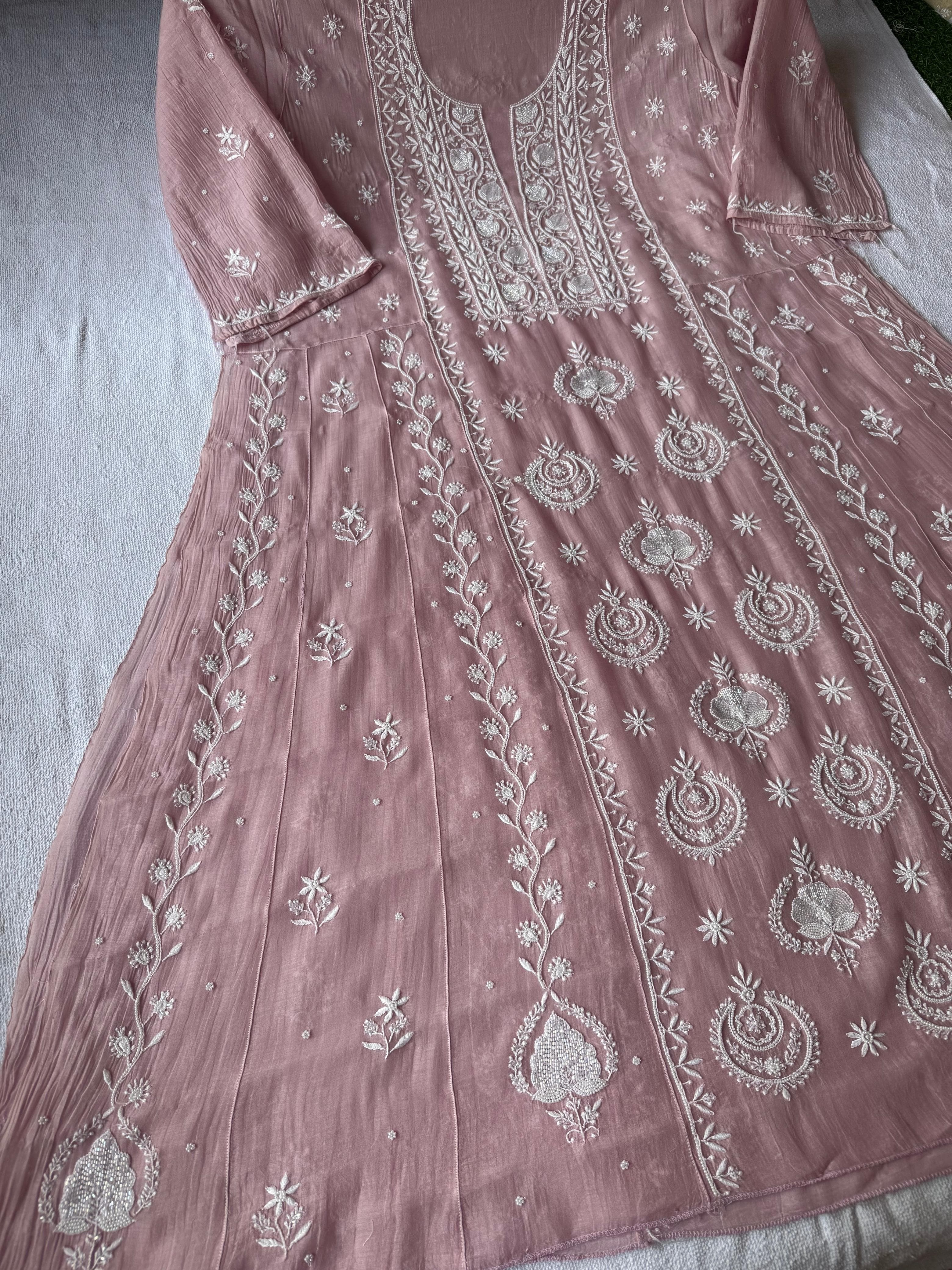 Pure Mul Chanderi Chikankari Handwork Anarkali Set with Embellishments (Dyeable in any Colour)