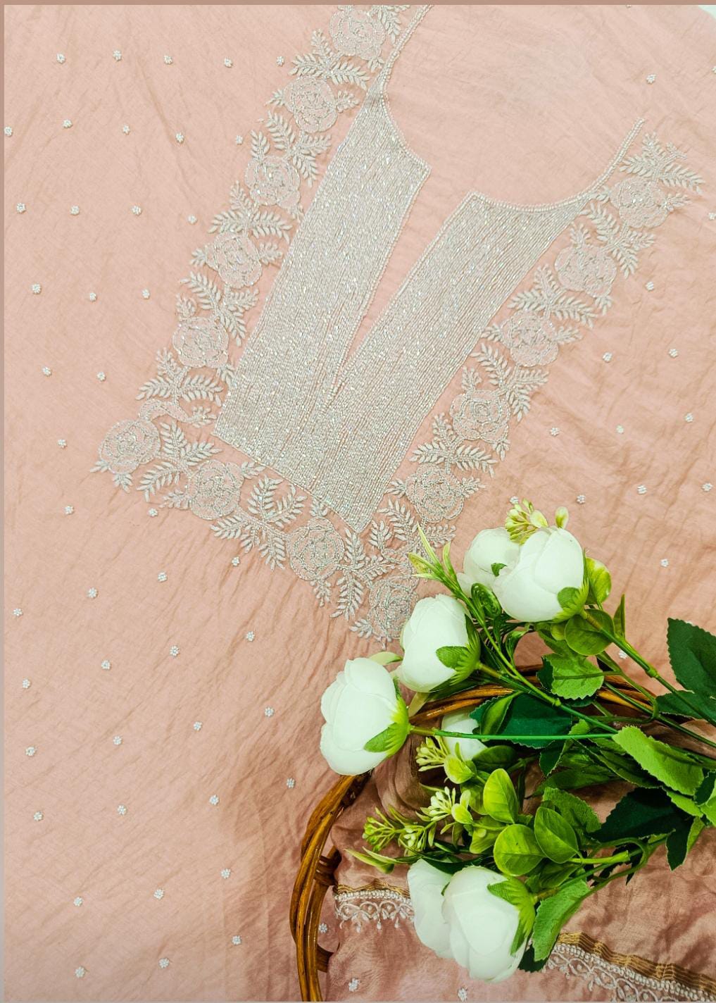 Pure Mul Chanderi Chikankari Handwork with Pearl and Kutdana embellishments Kurta and Dupatta Set (Dyeable)